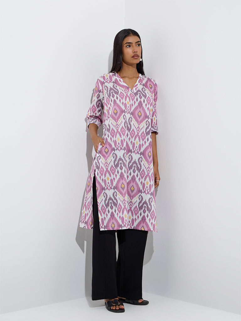 Utsa Purple Ikat Printed Cotton Straight Kurta