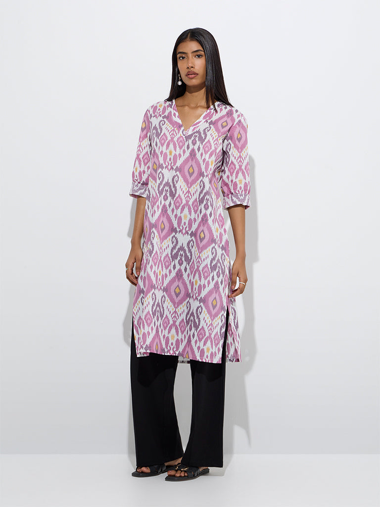 Utsa Purple Ikat Printed Cotton Straight Kurta - Image 2