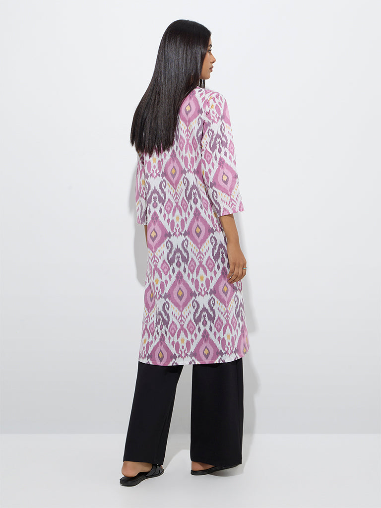 Utsa Purple Ikat Printed Cotton Straight Kurta - Image 4