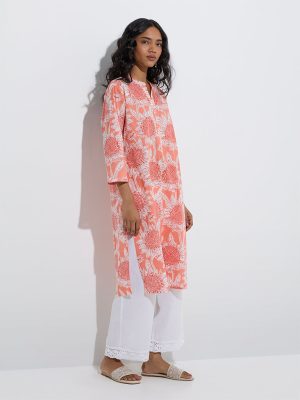 Utsa Coral Floral Design Cotton Straight Kurta