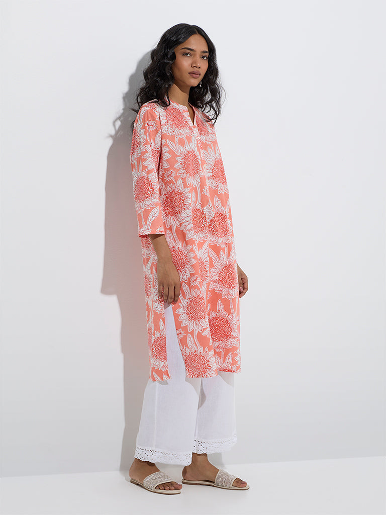 Utsa Coral Floral Design Cotton Straight Kurta
