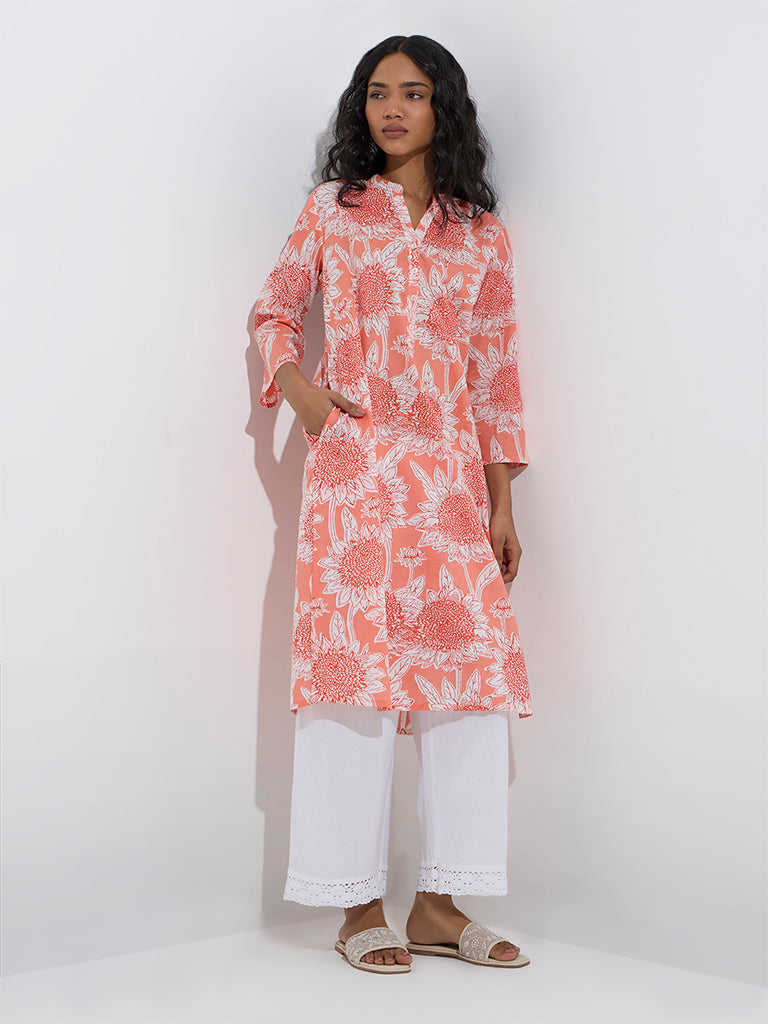 Utsa Coral Floral Design Cotton Straight Kurta - Image 2