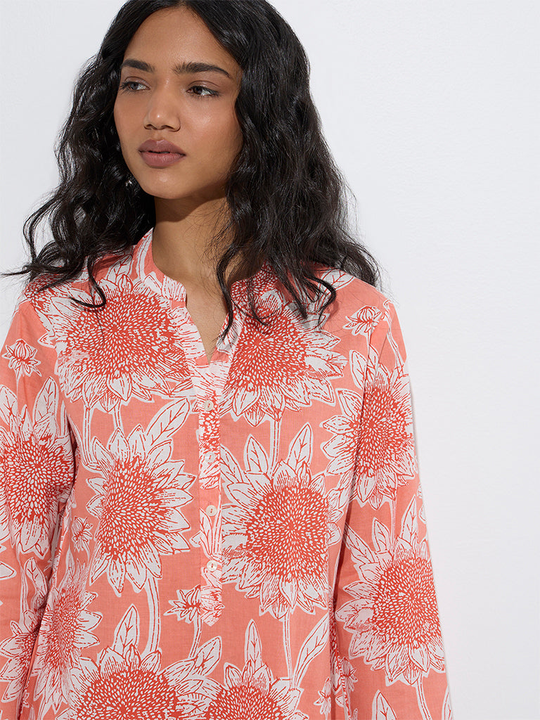 Utsa Coral Floral Design Cotton Straight Kurta - Image 3