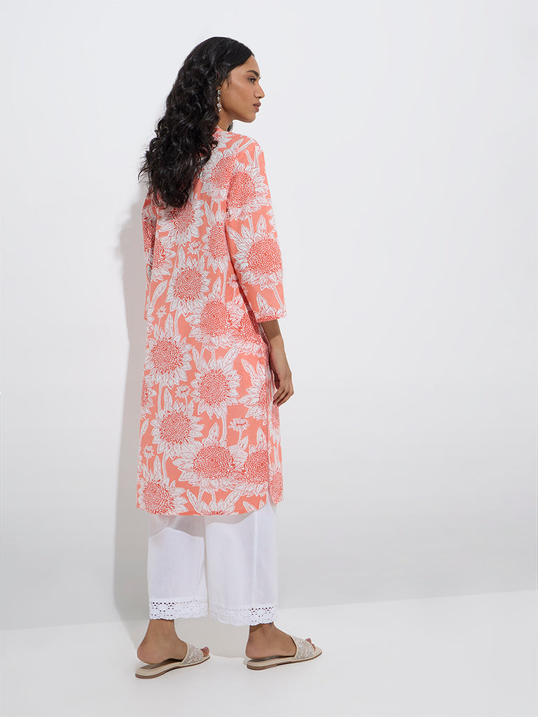 Utsa Coral Floral Design Cotton Straight Kurta - Image 4