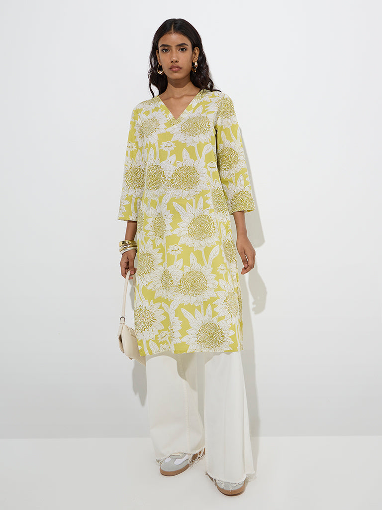 Utsa Lime Floral Design Straight Cotton Kurta