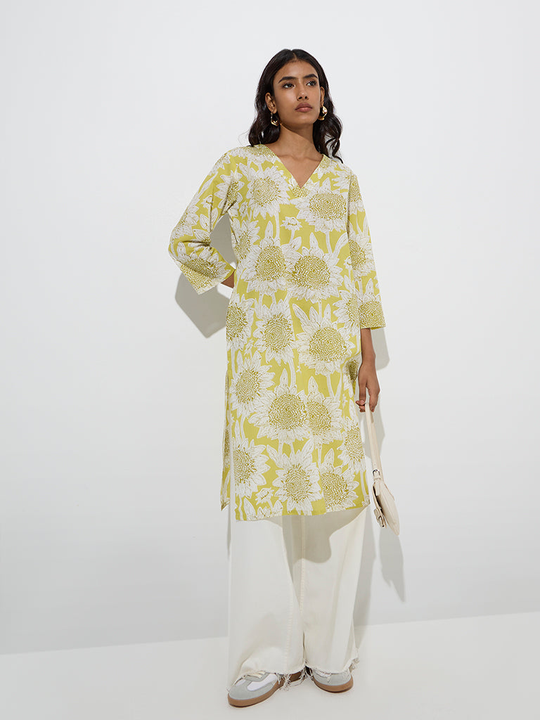Utsa Lime Floral Design Straight Cotton Kurta - Image 2