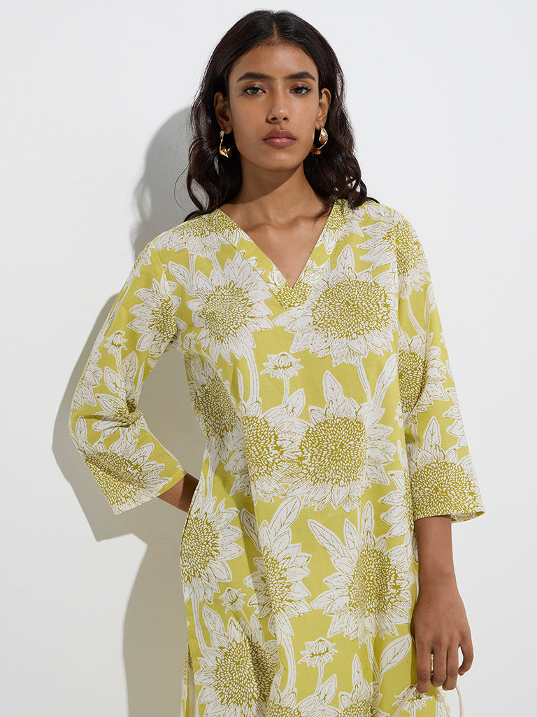 Utsa Lime Floral Design Straight Cotton Kurta - Image 3