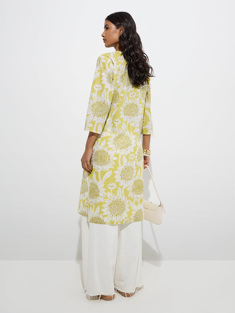 Utsa Lime Floral Design Straight Cotton Kurta - Image 4