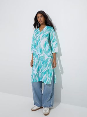 Utsa Aqua Botanical-Inspired Straight Cotton Kurta