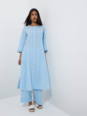 Utsa Blue Solid Cotton Ethnic Pants