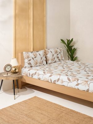 Westside Home Beige Botanical Printed King Bed Flat Sheet and Pillowcase Set