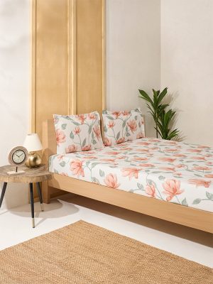Westside Home Peach Botanical Design King Bed Flat Sheet and Pillowcase Set