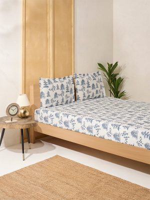 Westside Home Dusty Blue Toile Pattern Queen Bed Flat Sheet and Pillowcase Set