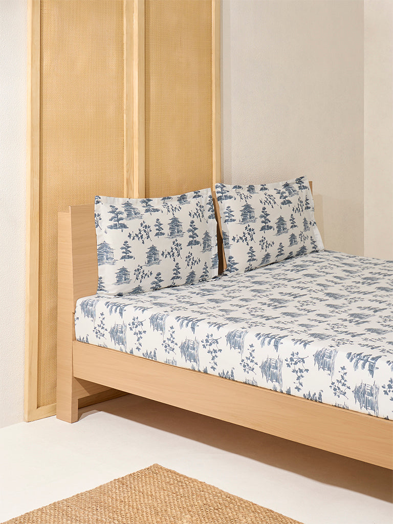 Westside Home Dusty Blue Toile Pattern Queen Bed Flat Sheet and Pillowcase Set - Image 2