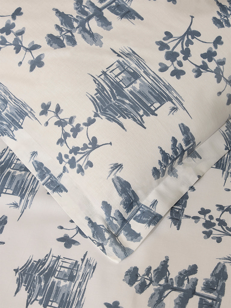 Westside Home Dusty Blue Toile Pattern Queen Bed Flat Sheet and Pillowcase Set - Image 3