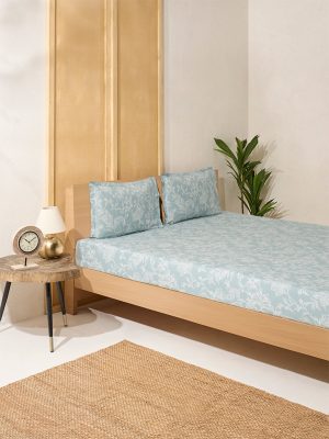 Westside Home Light Blue Foliage Detailed Queen Bed Flat Sheet and Pillowcase Set