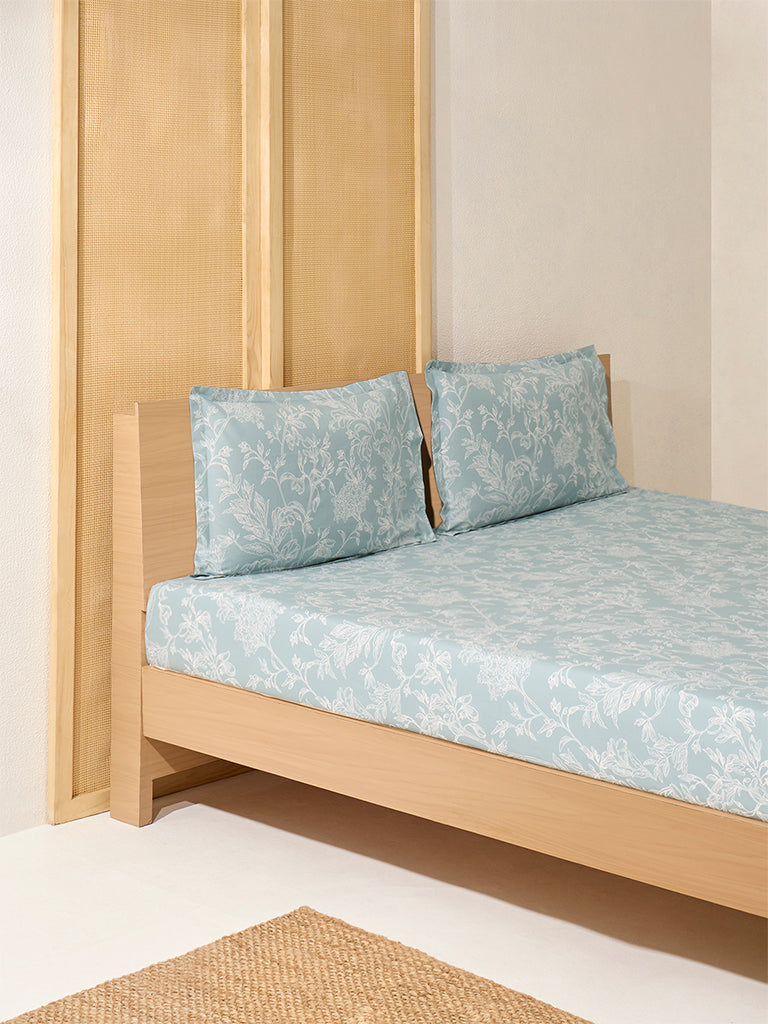 Westside Home Light Blue Foliage Detailed Queen Bed Flat Sheet and Pillowcase Set - Image 2
