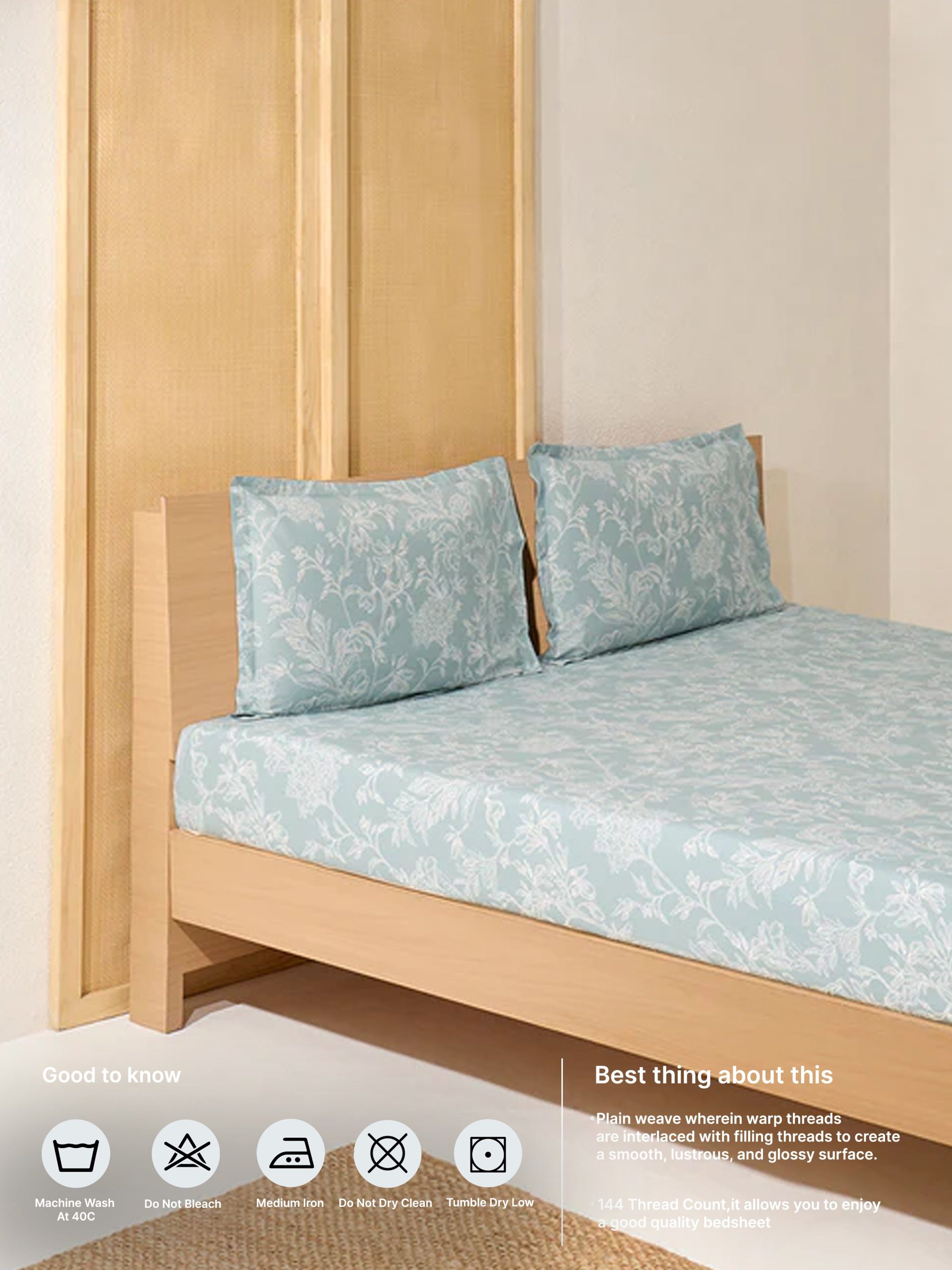 Westside Home Light Blue Foliage Detailed Queen Bed Flat Sheet and Pillowcase Set - Image 5