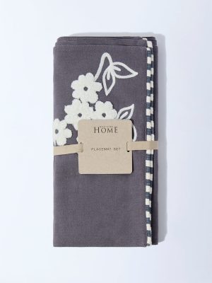 Westside Home Grey Floral Embroidered Placemats (Set of 4)