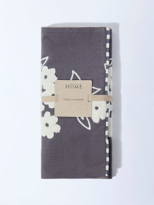 Westside Home Grey Floral Embroidered Table Runner