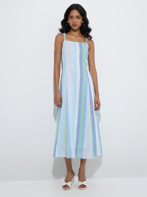 LOV Blue Striped Cotton-Blend A-Line Dress