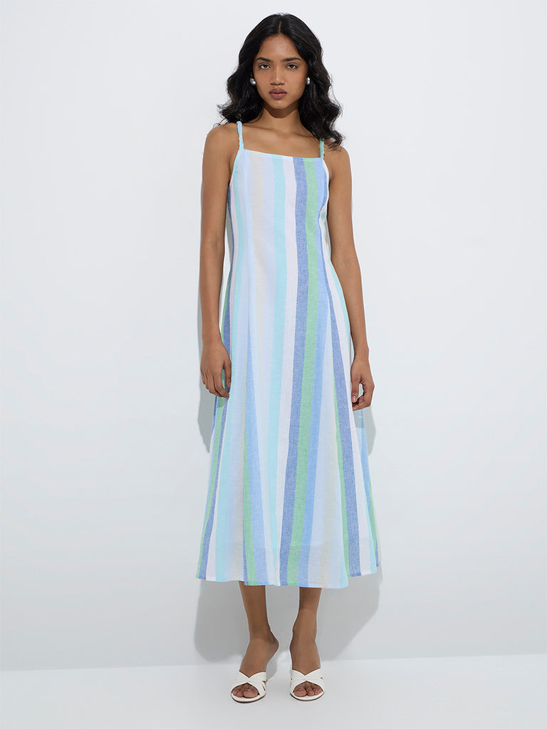 LOV Blue Striped Cotton-Blend A-Line Dress