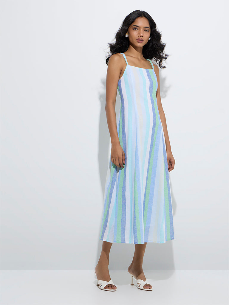LOV Blue Striped Cotton-Blend A-Line Dress - Image 2