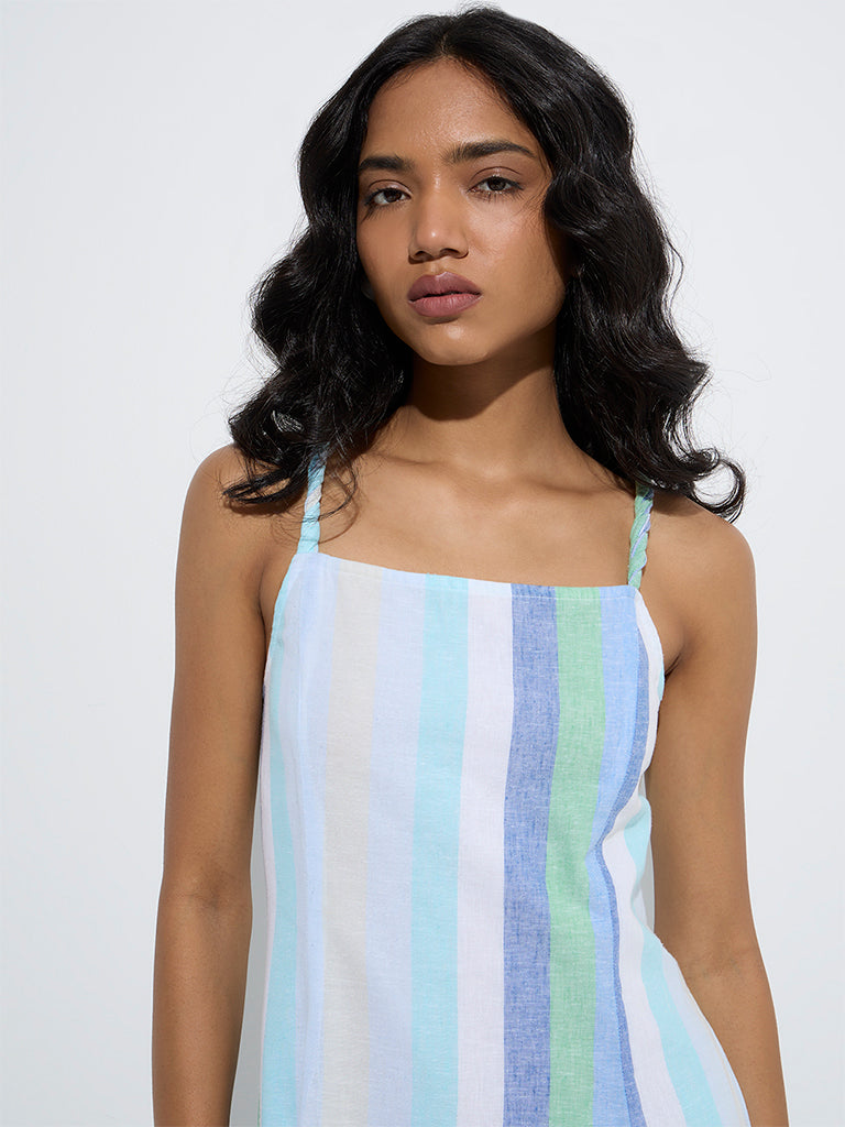 LOV Blue Striped Cotton-Blend A-Line Dress - Image 3