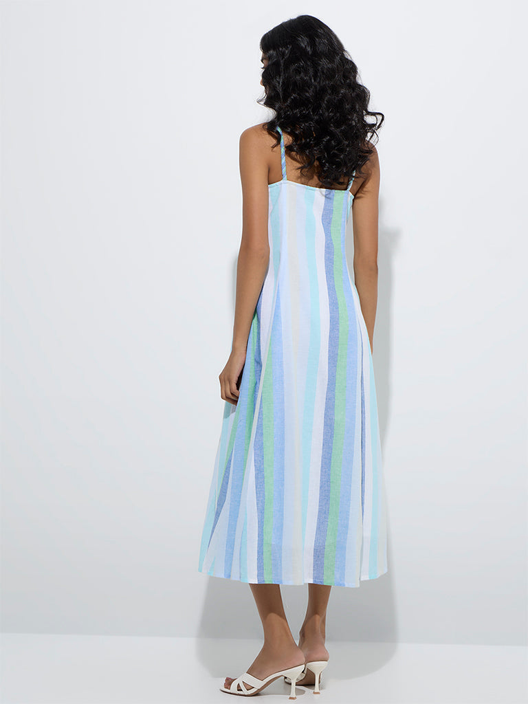 LOV Blue Striped Cotton-Blend A-Line Dress - Image 4