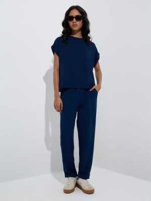 LOV Navy Solid High-Rise Pants