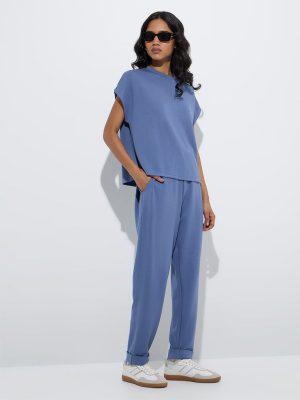 LOV Dusty Blue Solid High-Rise Pants