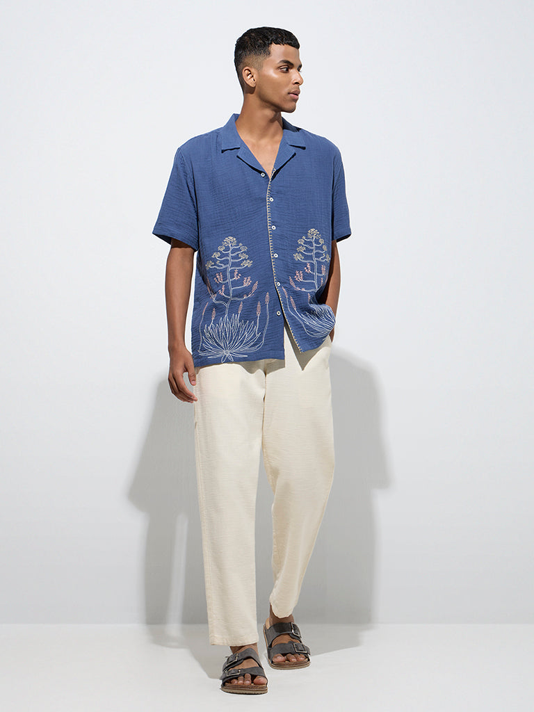 ETA Blue Botanical Embroidered Relaxed-Fit Cotton Shirt - Image 2