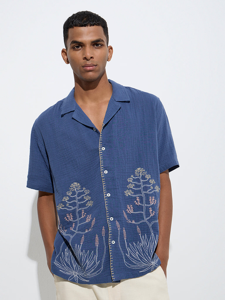 ETA Blue Botanical Embroidered Relaxed-Fit Cotton Shirt