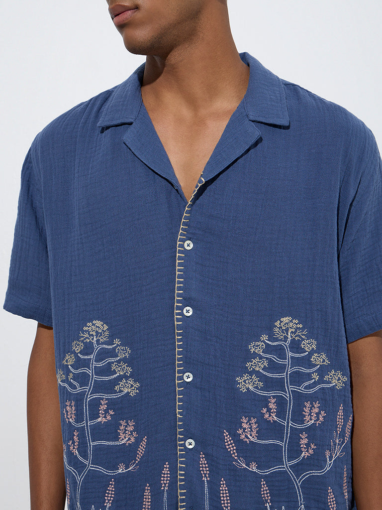 ETA Blue Botanical Embroidered Relaxed-Fit Cotton Shirt - Image 3