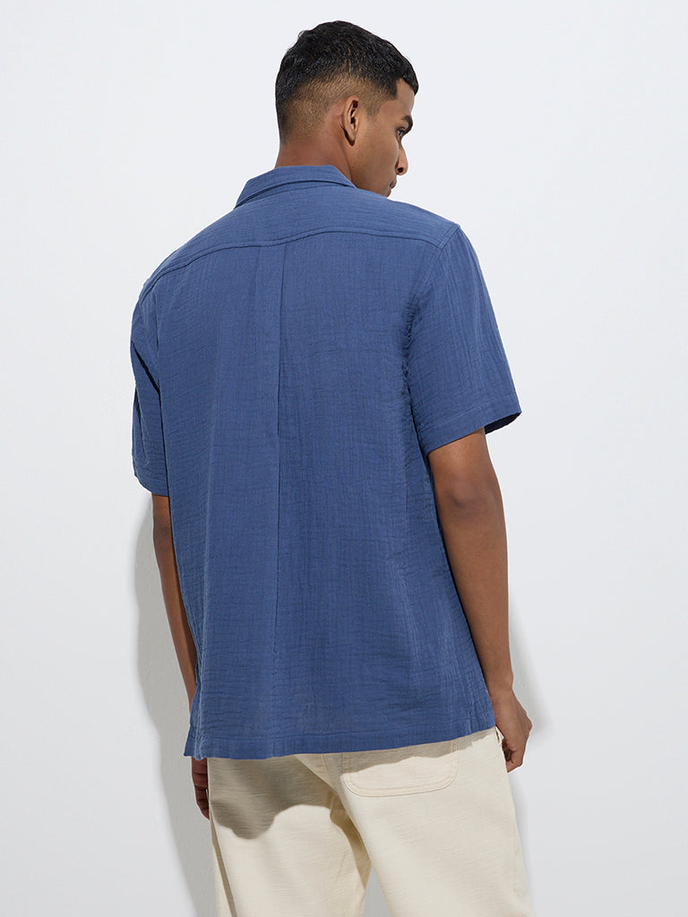 ETA Blue Botanical Embroidered Relaxed-Fit Cotton Shirt - Image 4