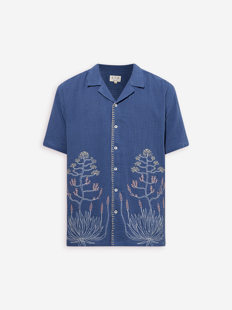 ETA Blue Botanical Embroidered Relaxed-Fit Cotton Shirt - Image 5