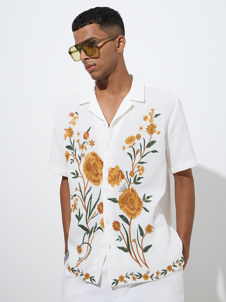 ETA White Floral Embroidered Relaxed-Fit Cotton Shirt - Image 2
