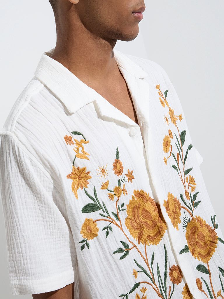 ETA White Floral Embroidered Relaxed-Fit Cotton Shirt - Image 3