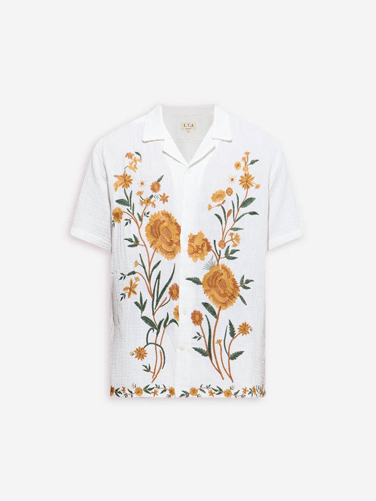 ETA White Floral Embroidered Relaxed-Fit Cotton Shirt - Image 5
