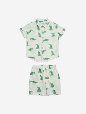 HOP Kids White Animal Design Cotton Shirt and Shorts Set