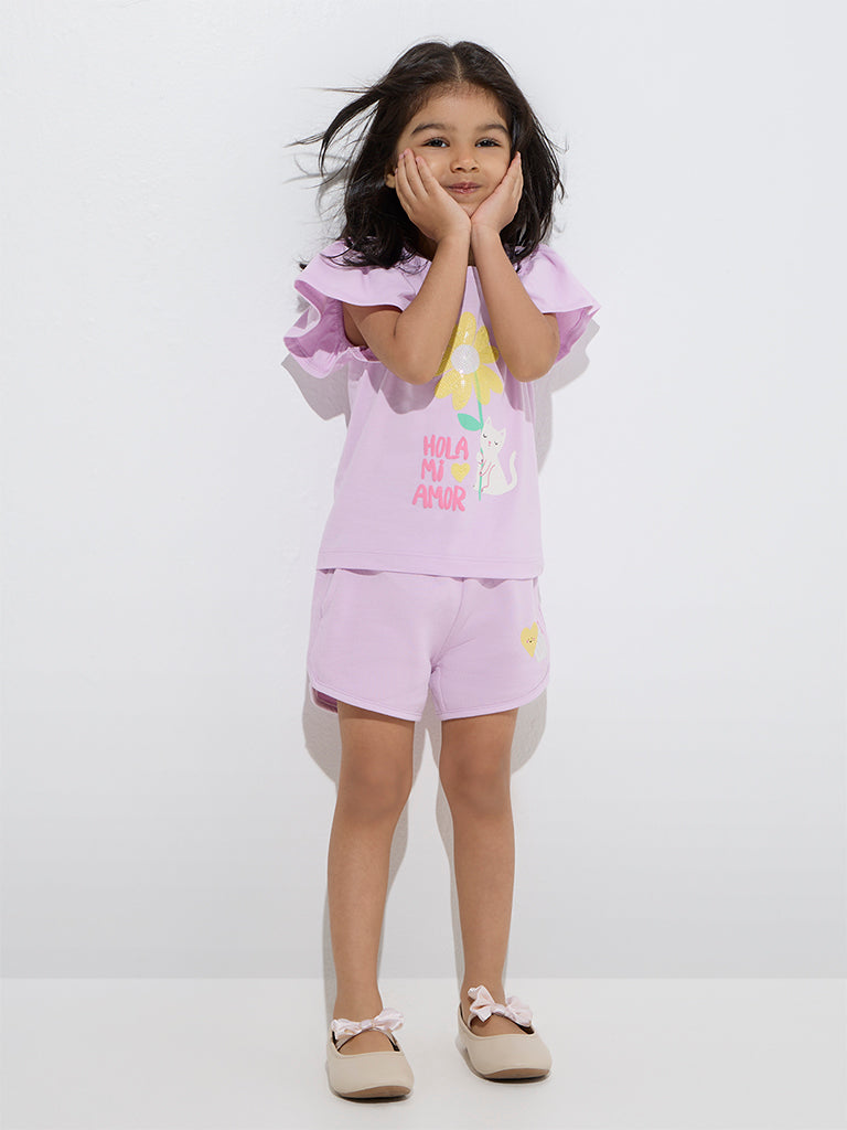 HOP Kids Lilac Heart Design Mid-Rise Cotton Shorts