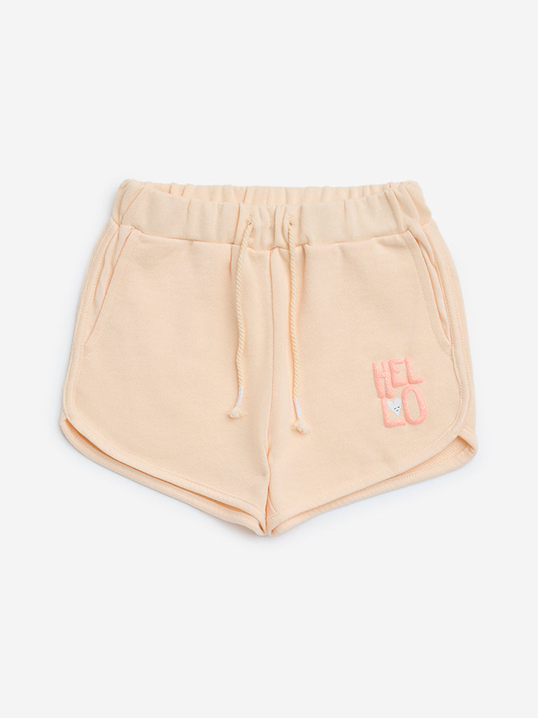 HOP Kids Peach Text Detailed Mid-Rise Cotton Shorts