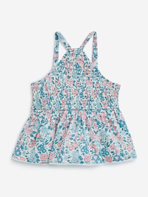 HOP Kids Blue Floral Design A-Line Cotton Dress