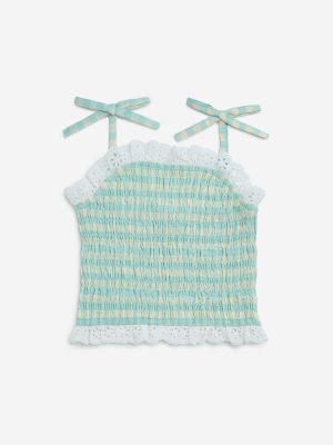 HOP Kids Mint Gingham Checkered Smocked Cotton Top