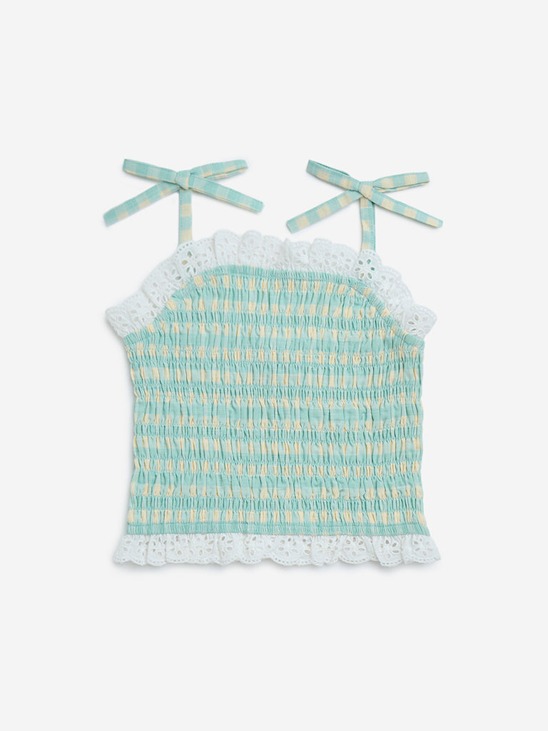 HOP Kids Mint Gingham Checkered Smocked Cotton Top