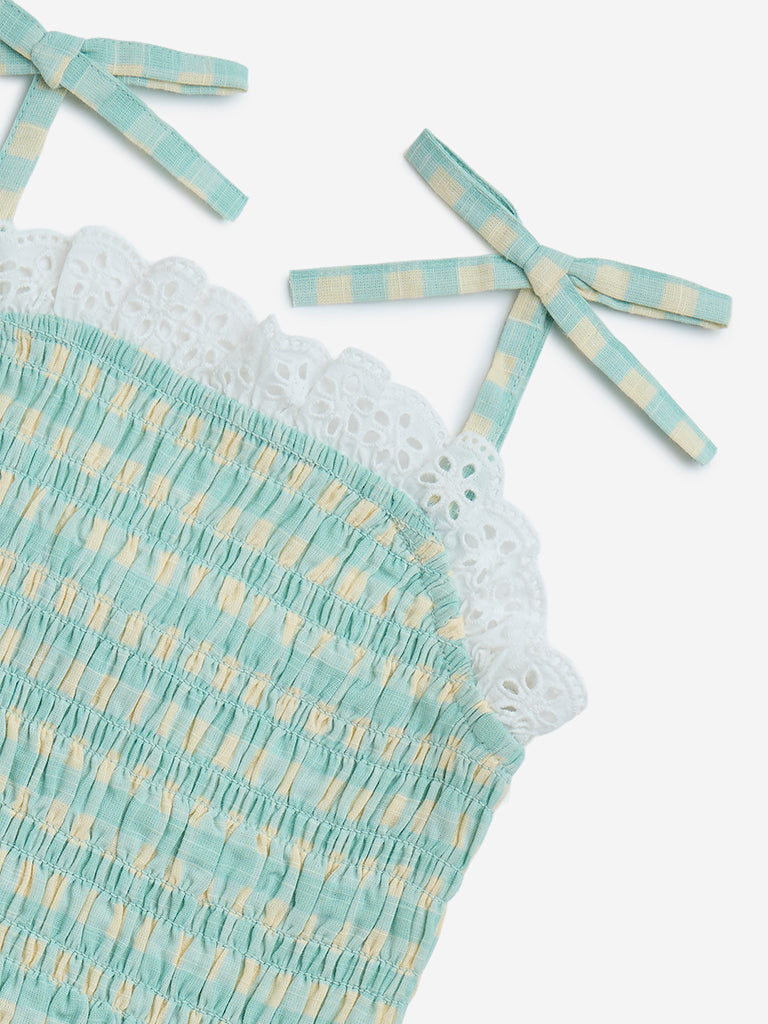 HOP Kids Mint Gingham Checkered Smocked Cotton Top - Image 3