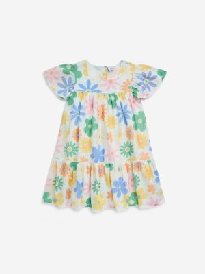 HOP Kids Multicolour Floral Cotton-Blend Tiered Dress