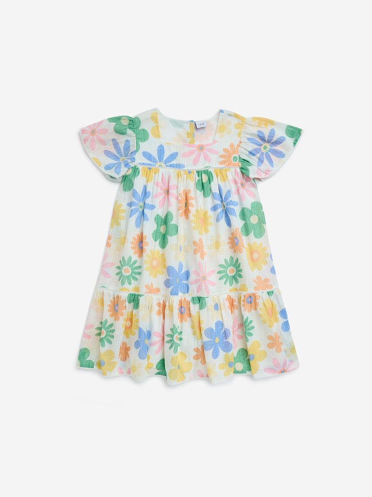 HOP Kids Multicolour Floral Cotton-Blend Tiered Dress