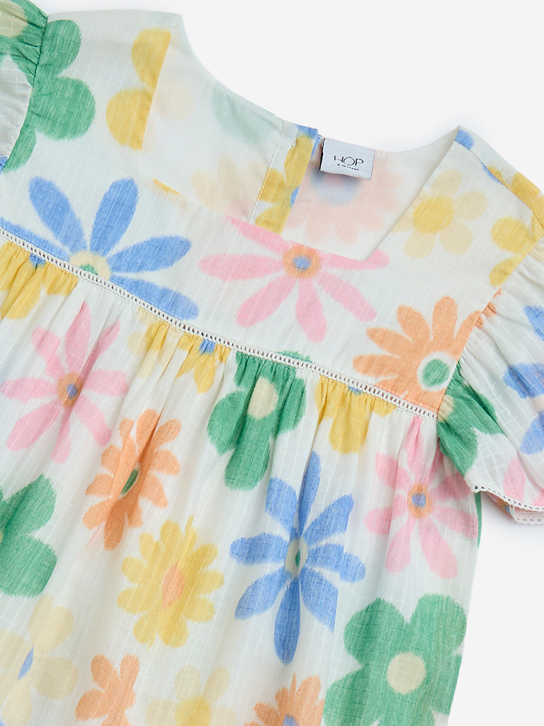 HOP Kids Multicolour Floral Cotton-Blend Tiered Dress - Image 3