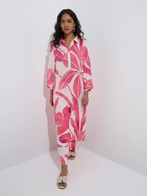Utsa Pink Foliage Printed A-Line Kurta